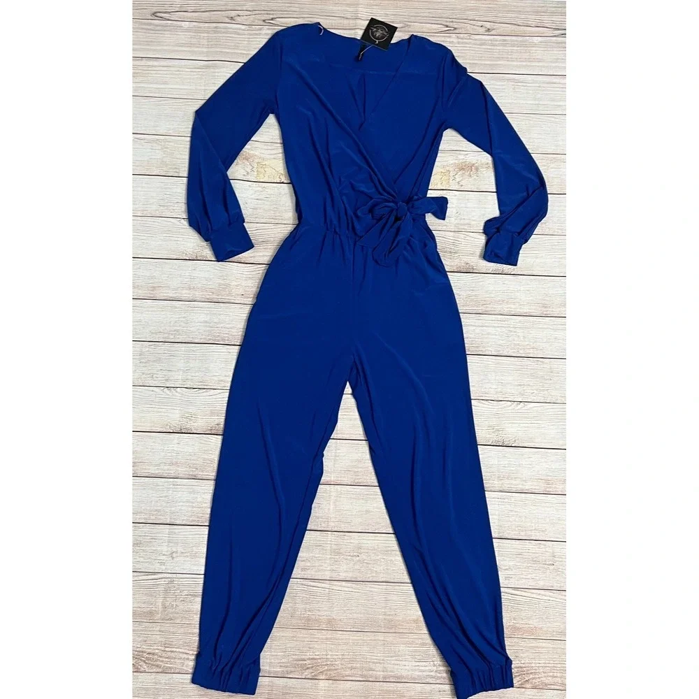 GoodTime USA NEW Womens Blue Solid Romper Jumpsuit Size Small‎ Long Sleeve V Cut